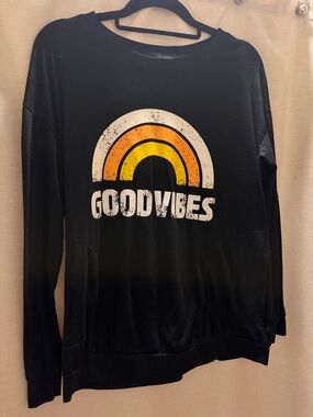 Good Vibes Black Long Sleeve Tee with Retro Rainbow Graphic